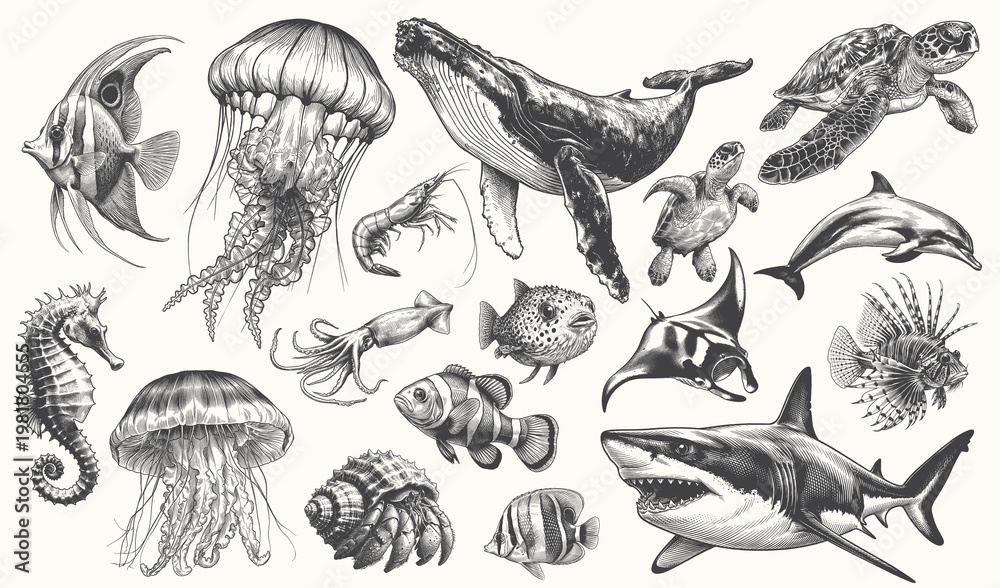 Fototapeta premium Detailed vintage engraving illustration of marine life featuring fish, jellyfish, whale, shark, turtle, and various sea creatures. Ideal for educational design, ocean themes, and decorative artwork.