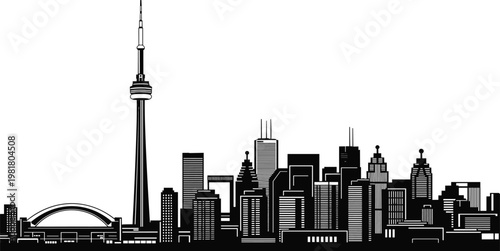 Toronto Canada city skyline silhouette with CN Tower and famous architectural landmarks isolated icons set for Canadian travel tourism design