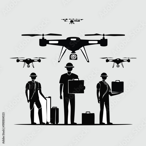 Logistics and shipping service personnel using delivery drones silhouette with silhouette set black silhouette vector silhouette isolated on white silhouette collection icon set vector icons