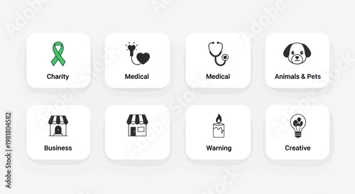 Set of 8 flat design icons for charity, medical, business, pets, and creative concepts
