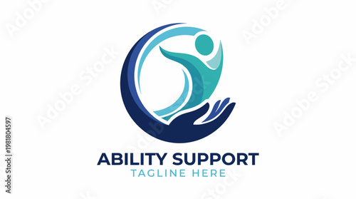 Foto A compelling logo depicting support for abilities, featuring a figure in motion, highlighting empowerment and care with an artistic representation of inclusivity