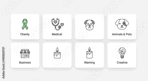 Set of 8 Icons: Charity, Medical, Animals, Business, Warning, Creative, and more
