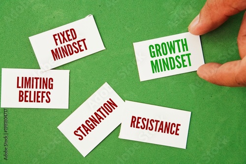 Quadro em tela Words opposite to growth mindset are fixed mindset, limiting beliefs, stagnation, resistance
