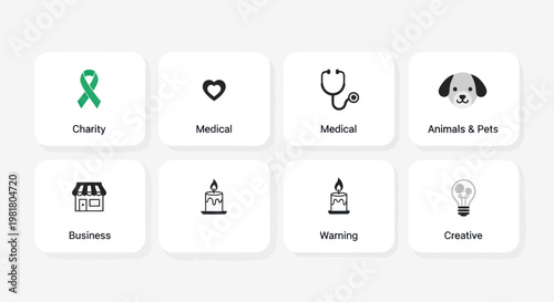 Set of 8 Icons: Charity, Medical, Animals, Business, Warning, Creative