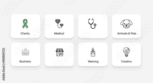 Set of 8 Icons: Charity, Medical, Animals, Business, Warning, Creative Concepts