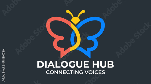 This creative butterfly logo design represents the concept of communication with intertwined speech bubbles, beautifully merging colors to symbolize connection and creativity.