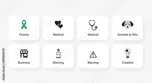 Set of 8 Icons: Charity, Medical, Business, Animals, Warning, Creative, Candles
