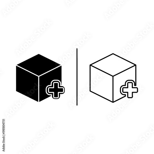 Add cube item icon set with plus button for inventory management and product addition symbol