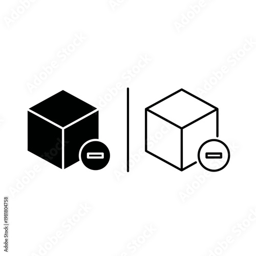 Remove cube item icon set with minus button for inventory reduction and item deletion symbol