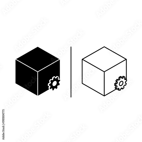Isometric cube with gear wheel icon set representing settings and configuration settings cogwheel