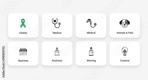 Set of 8 medical, business, and charity icons: stethoscope, ribbon, dog, candle, lightbulb