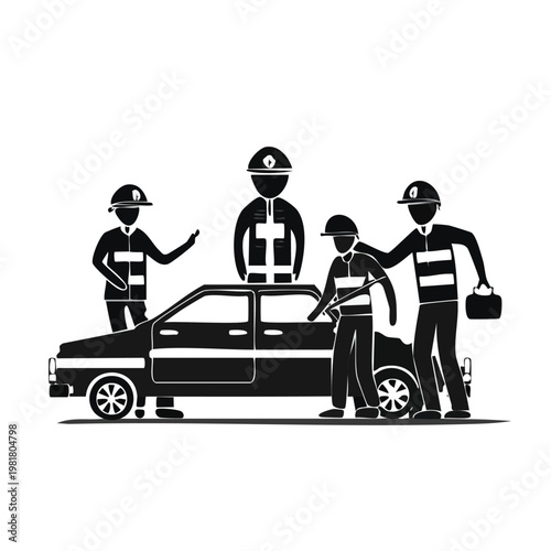 Fire department rescue team performing car accident relief silhouette with silhouette set black silhouette vector silhouette isolated on white silhouette collection icon set vector icons