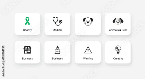 Set of 8 modern flat icons for web and mobile design, representing charity, medical, pets, business, warning, and creativity.
