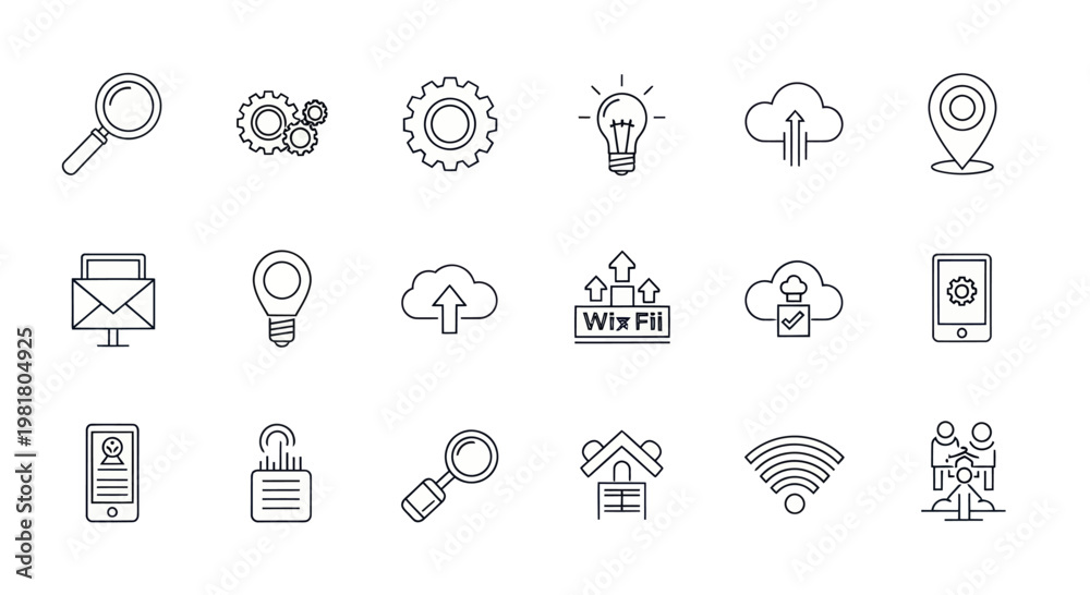 Fototapeta premium Set of 15 Digital Technology Icons: Cloud, Search, Wi-Fi, Security, Idea, Location