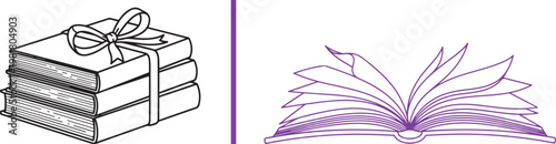 Vector line art illustration set of a stack of books with a ribbon bow and an open book with fanning pages