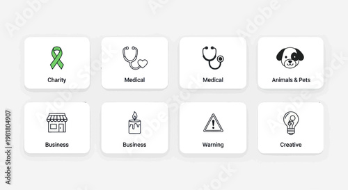 Set of 8 vector icons: charity, medical, business, animals, warning, creative, candle, shop.