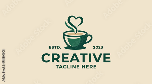 This logo features a cozy coffee cup with a heart-shaped steam, representing warmth, creativity, and comfort, perfect for coffee shops and creative brands.
