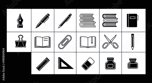 Set of Black and White Icons for School and Office Supplies - Vector Illustration