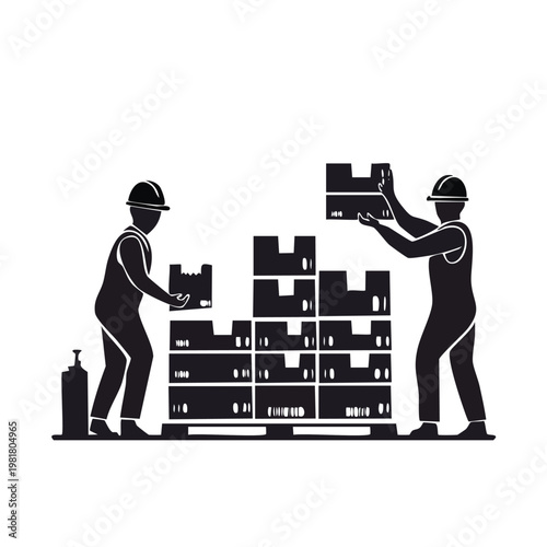 Warehouse employees stacking cardboard boxes on shipping palette silhouette with silhouette set black silhouette vector silhouette isolated on white silhouette collection icon set vector icons