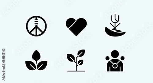 Set of 6 icons: peace, love, growth, nature, sustainability, humanity
