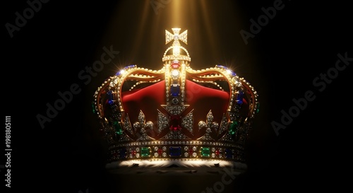 Luxurious crown with red velvet and gold jewels shining brightly
