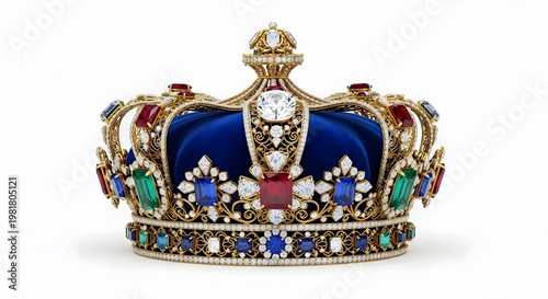Luxurious gold crown with precious jewels and blue velvet