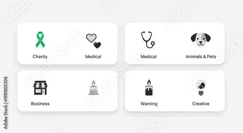 Set of Flat Icons for Business, Charity, Medical, Animals, Creative Ideas