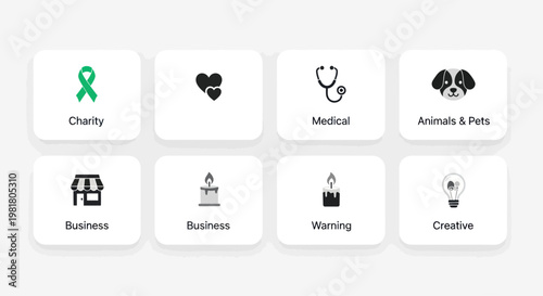 Set of flat icons for business, healthcare, charity, pets, and creative ideas