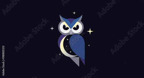 A mystical owl perches on a crescent moon surrounded by stars in a dark night sky with a magical and dreamy atmosphere