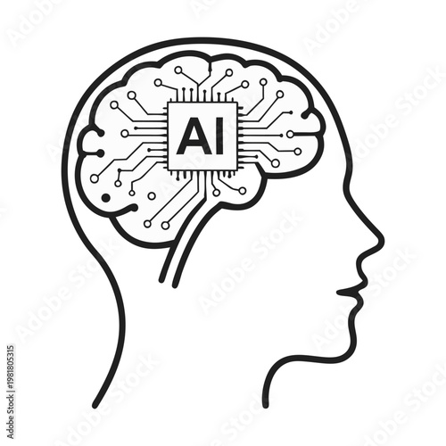 Silhouette vector illustration of a human head profile featuring a brain and question marks to represent a thinking mind and business idea concept.