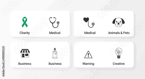 Set of Flat Icons Representing Charity, Medical, Business, Animals, Warning, Creative