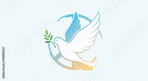 Peaceful white dove flying with olive branch in beak symbolizing hope and harmony in a minimalist style