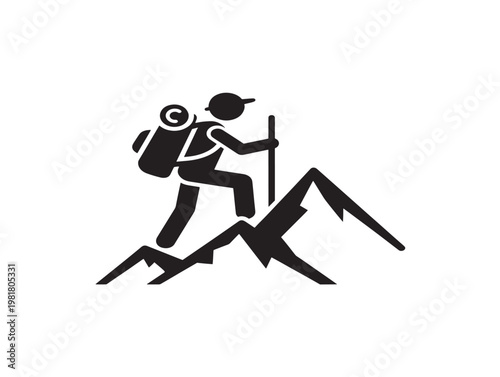 hiker climbing mountain with backpack and trekking pole vector illustration