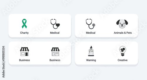 Set of flat icons for web and mobile design: charity, medical, business, pets, warning