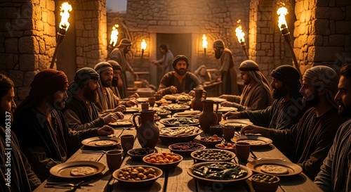 Ancient middle eastern communal dinner scene with jesus christ and disciples gathered around a long wooden table laden with food illuminated by flickering torchlight fostering a profound sense