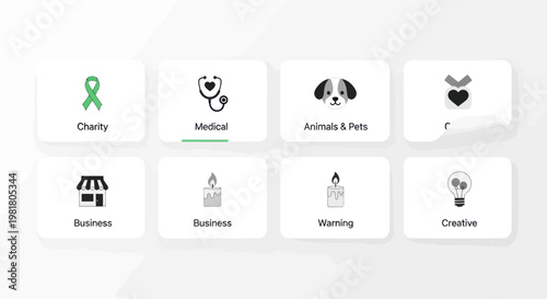 Set of flat icons representing different concepts: charity, medical, pets, business, warning, creative