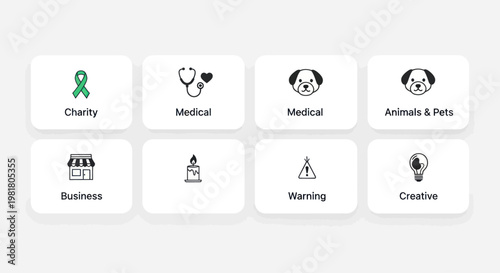Set of flat icons representing charity, medical, pets, business, warning, and creation