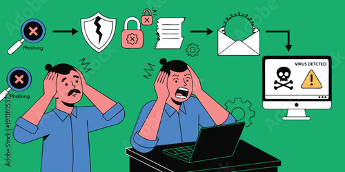 Young business woman working on a laptop at her office desk in a flat vector cartoon illustration of modern technology and people.