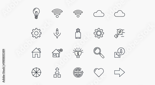 Set of hand-drawn icons for technology, business, and lifestyle concepts.