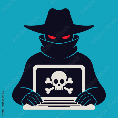 A cartoon vector illustration of a pirate with a treasure chest and skull and crossbones featuring a guy in a magic Halloween costume with a black mustache and hat design.