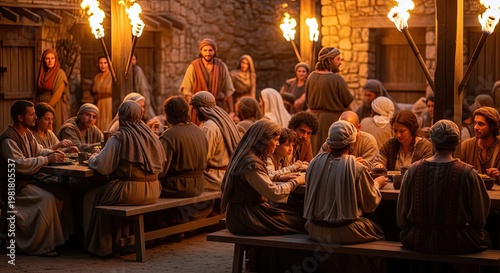 Ancient middle eastern village gathering depicts a communal dinner scene with numerous men and women seated at long wooden tables illuminated by warm flickering torchlight against a rustic stone