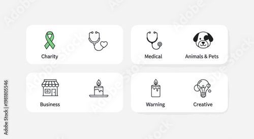 Set of Icons: Charity, Medical, Animals & Pets, Business, Warning, Creative