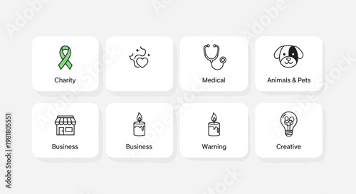 Set of Icons: Charity, Love, Medical, Pets, Business, Warning, Creative