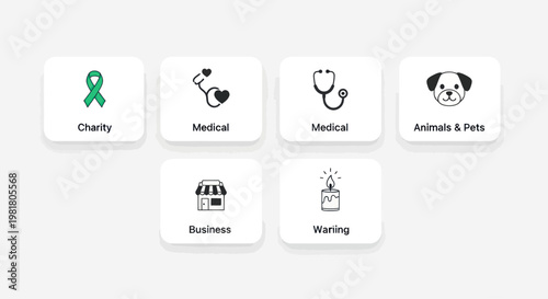 Set of icons: charity, medical, animals, business, caring