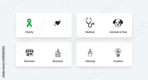 Set of Icons: Charity, Medical, Animals, Business, Warming, Creative Concepts