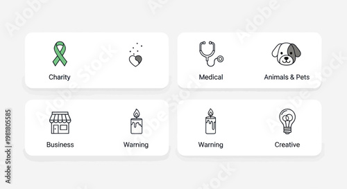 Set of Icons: Charity, Medical, Animals, Business, Warning, Creative Concepts