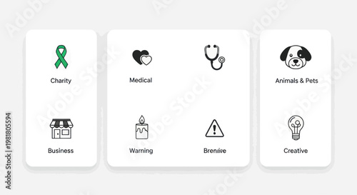 Set of Icons: Charity, Medical, Animals, Business, Warning, Creative Concepts