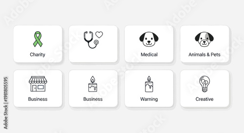 Set of Icons: Charity, Medical, Animals, Business, Warning, Creative Concepts