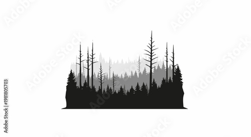 Silhouette of a dense, multi-layered forest with bare trees and evergreen shapes