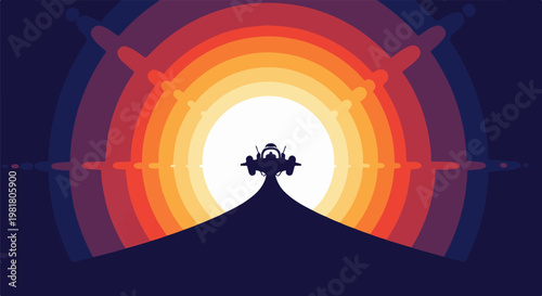 Silhouette of a futuristic craft atop a hill against a vibrant, layered sunset